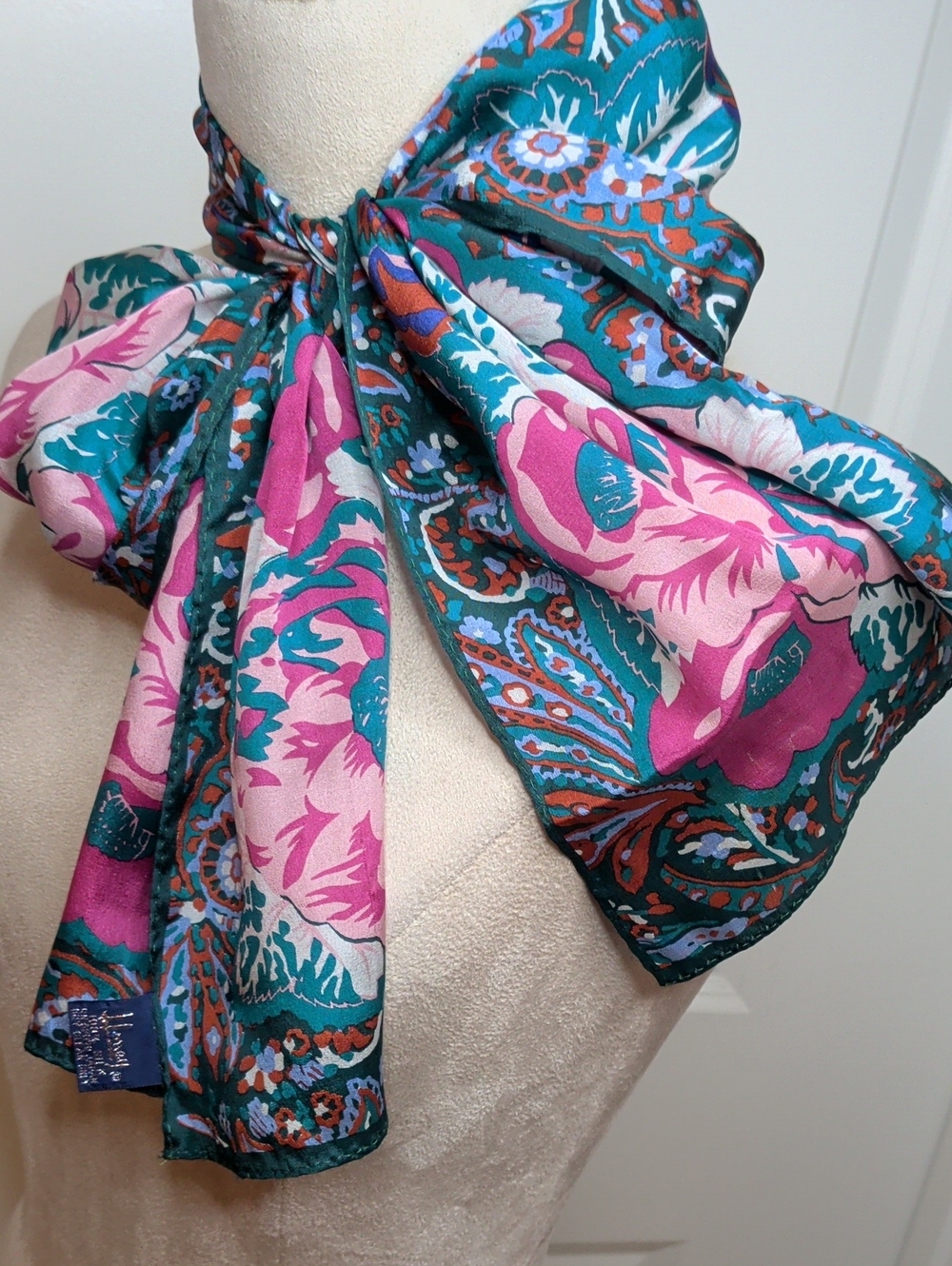 Vintage 80s Silk Honey Scarf Pink & Teal Floral Elegant Rectangle 53" Long